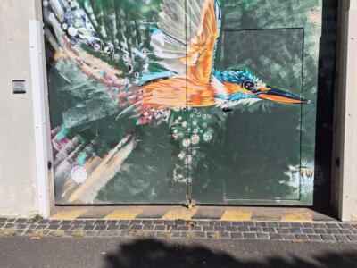Martin-pêcheur en vol sur une porte de garage — Street art à Clermont-Ferrand