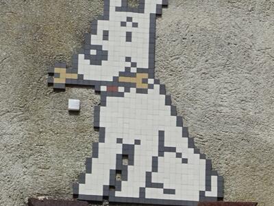 Tiled Milou with a Bone — Street art by Tag Lady in La Rochelle