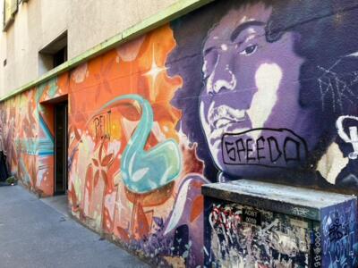 Purple Portrait and Orange Swirls — Street art by Soy in Neuchâtel