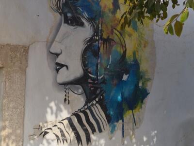 Profil de femme aux éclats bleus, par Ashraf — Street art de Ashraf à Erriadh