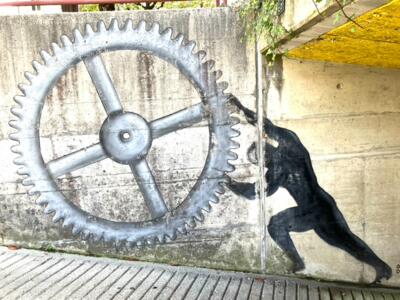 The Sisyphus of Le Locle — Street art by OakOak in Le Locle