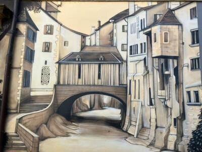 Ruelle au pont couvert en camaïeu — Street art à Neuchâtel