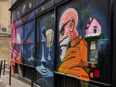 Master Roshi and a cosmic chess game — Street art in Bordeaux