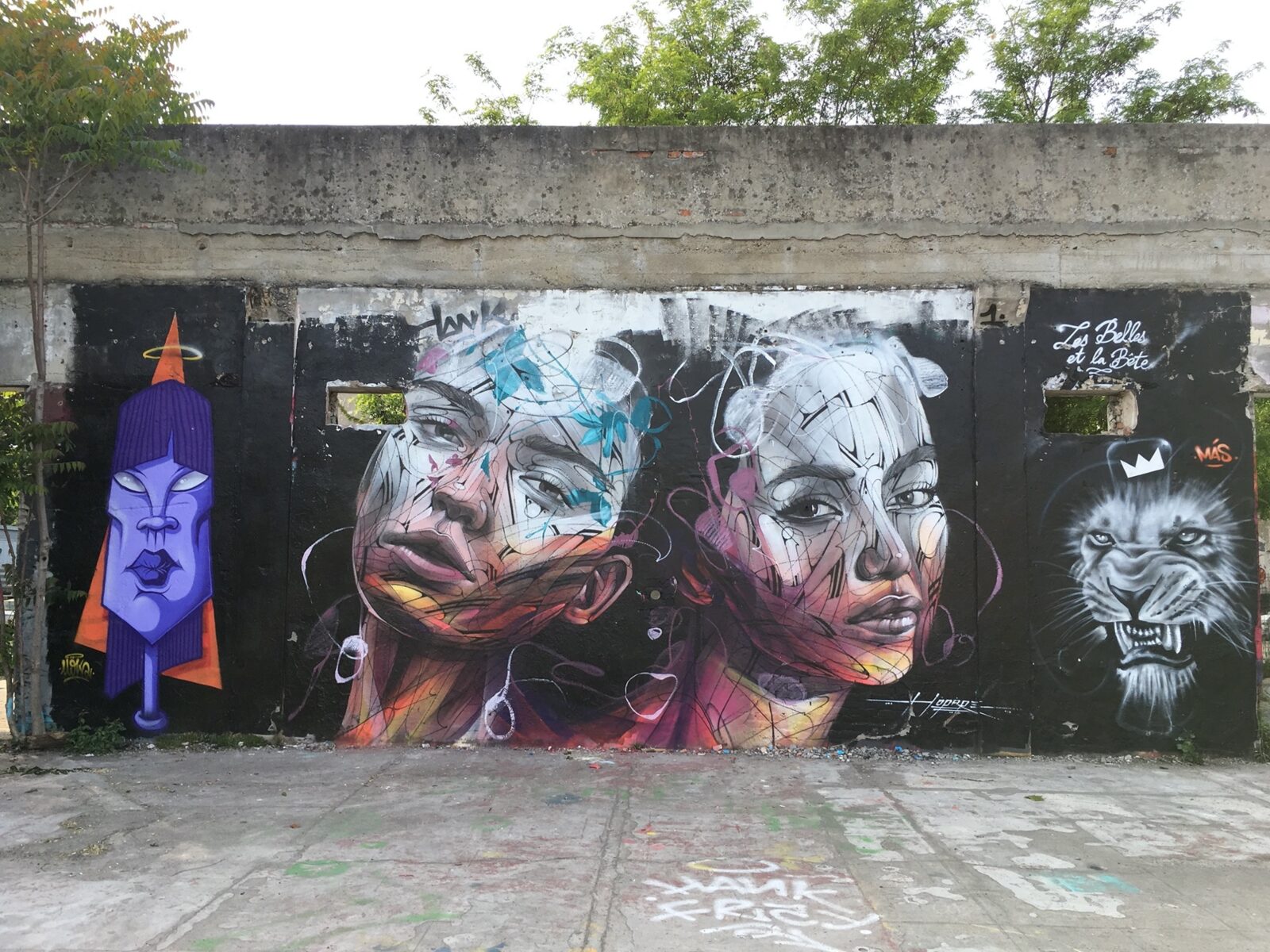 The intertwined faces by Hopare, at the centre of a wall shared with Lélé and MAS, southern building.